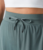 High Waisted Drawstring Contrast Mesh 2-in-1 Pocket Flowy Wide Leg Yoga Trousers — Morning Dew Green — view 4