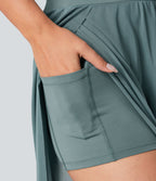High Waisted Drawstring Contrast Mesh 2-in-1 Pocket Flowy Wide Leg Yoga Trousers — Morning Dew Green — view 5