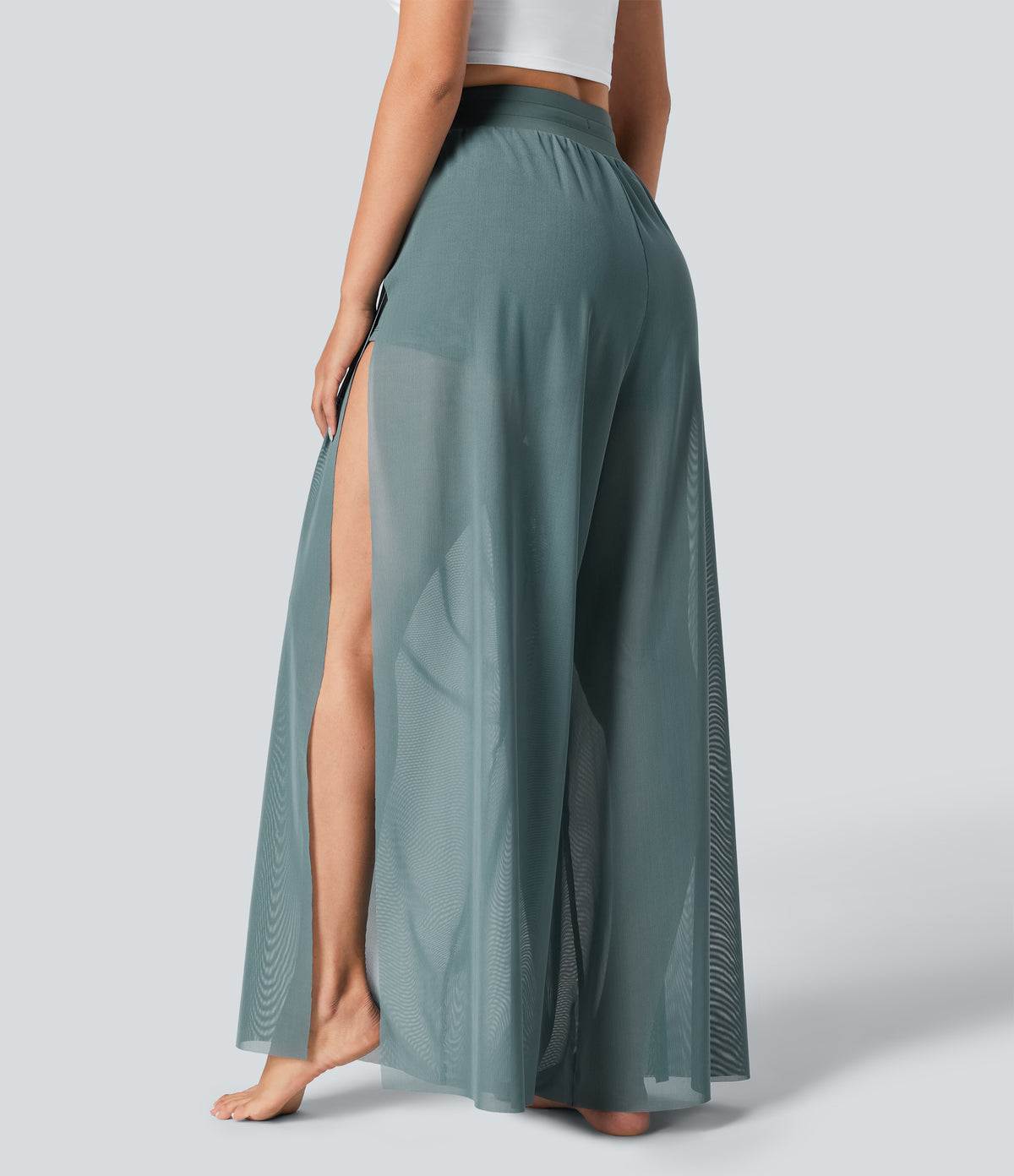 High Waisted Drawstring Contrast Mesh 2-in-1 Pocket Flowy Wide Leg Yoga Trousers — Morning Dew Green — view 2