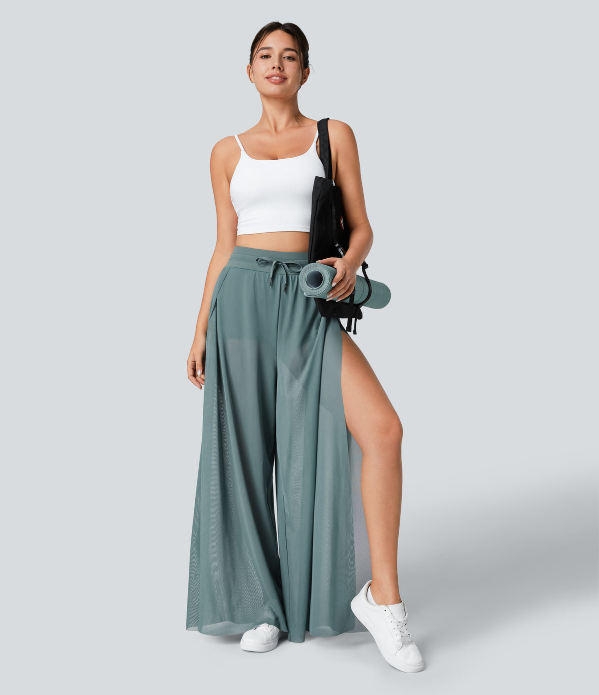 High Waisted Drawstring Contrast Mesh 2-in-1 Pocket Flowy Wide Leg Yoga Trousers — Morning Dew Green — view 8