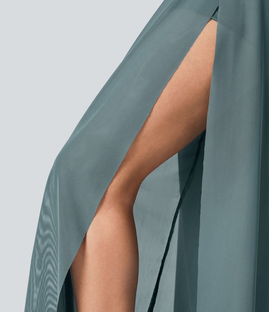 High Waisted Drawstring Contrast Mesh 2-in-1 Pocket Flowy Wide Leg Yoga Trousers — Morning Dew Green — view 7