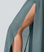 High Waisted Drawstring Contrast Mesh 2-in-1 Pocket Flowy Wide Leg Yoga Trousers — Morning Dew Green — view 7