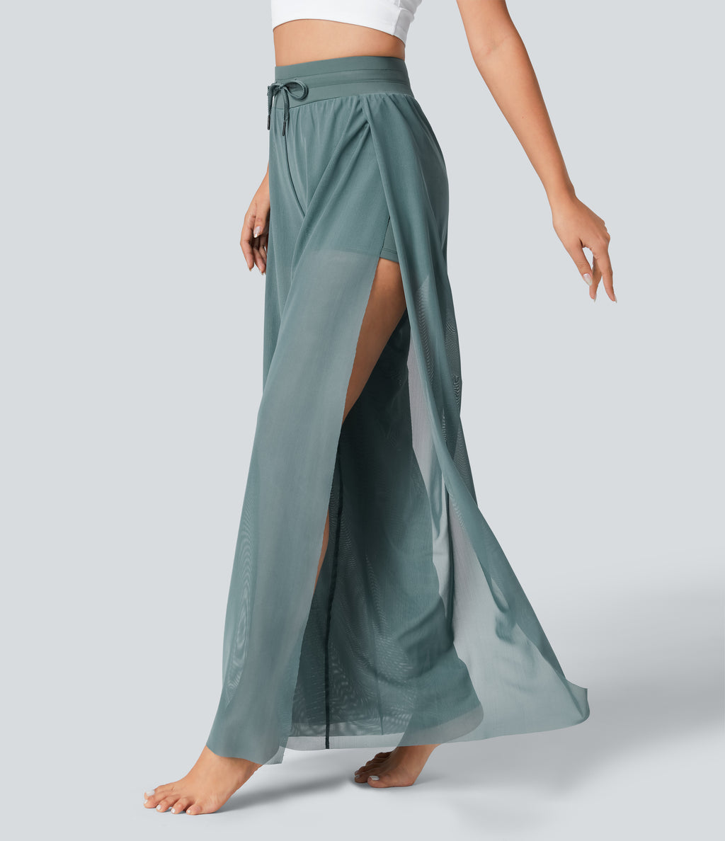 High Waisted Drawstring Contrast Mesh 2-in-1 Pocket Flowy Wide Leg Yoga Trousers — Morning Dew Green — view 3