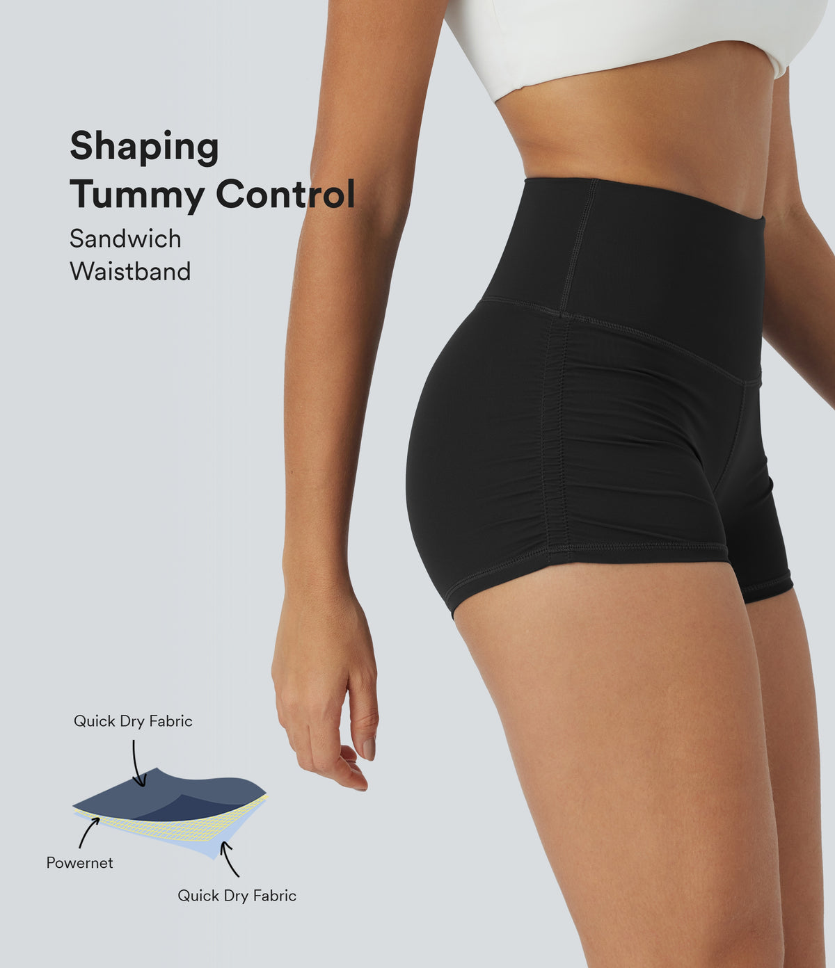 QuickDry High Waisted Tummy Control Ruched Running Biker Shorts 2.5'' — Black — view 6