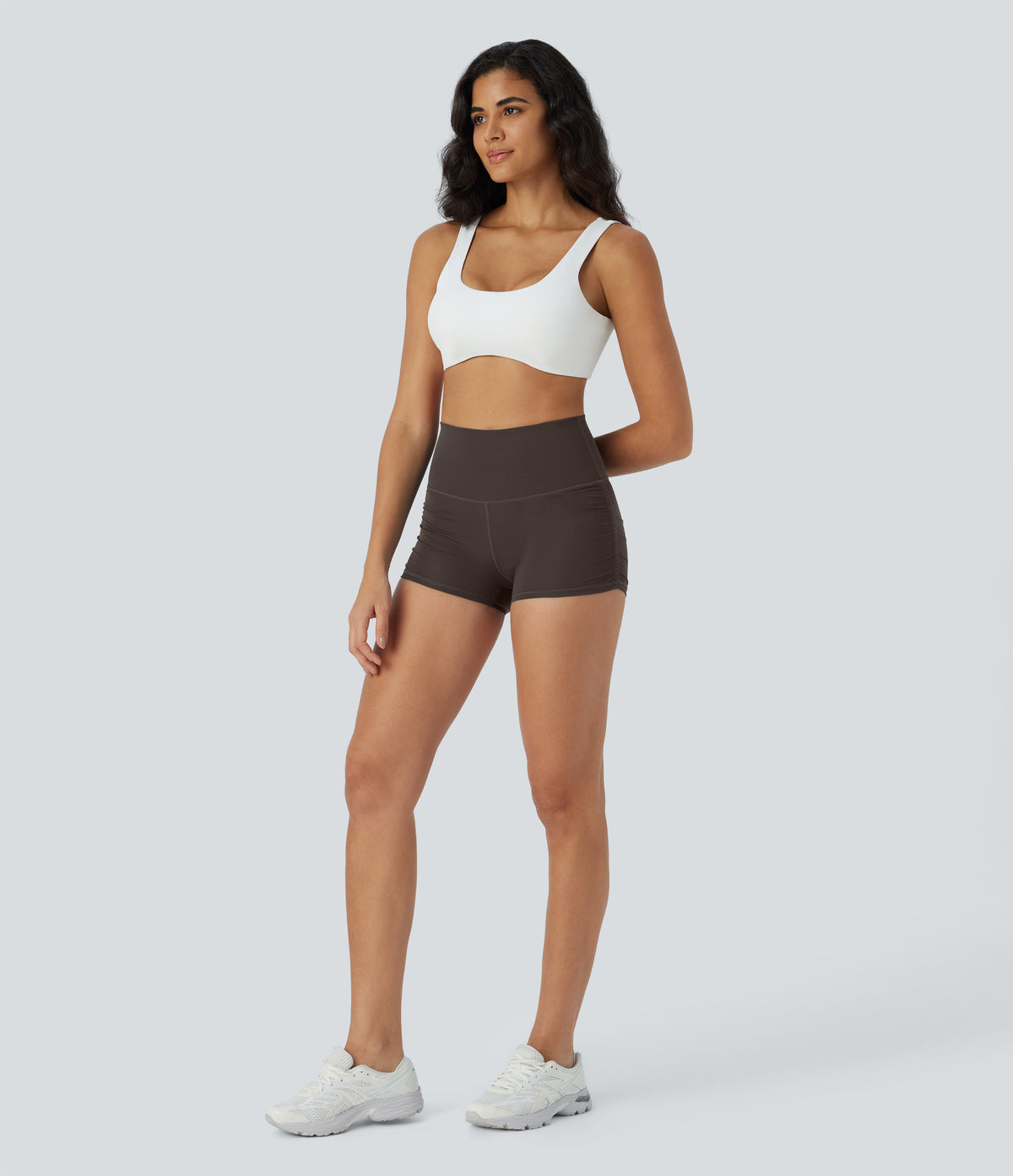 QuickDry High Waisted Tummy Control Ruched Running Biker Shorts 2.5'' — Hot Fudge — view 5