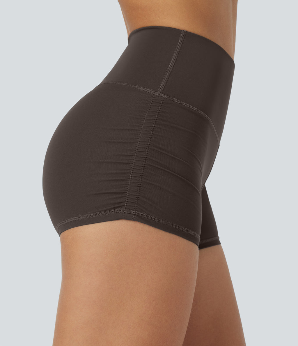 QuickDry High Waisted Tummy Control Ruched Running Biker Shorts 2.5'' — Hot Fudge — view 4