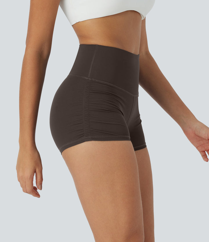 QuickDry High Waisted Tummy Control Ruched Running Biker Shorts 2.5'' — Hot Fudge — view 1