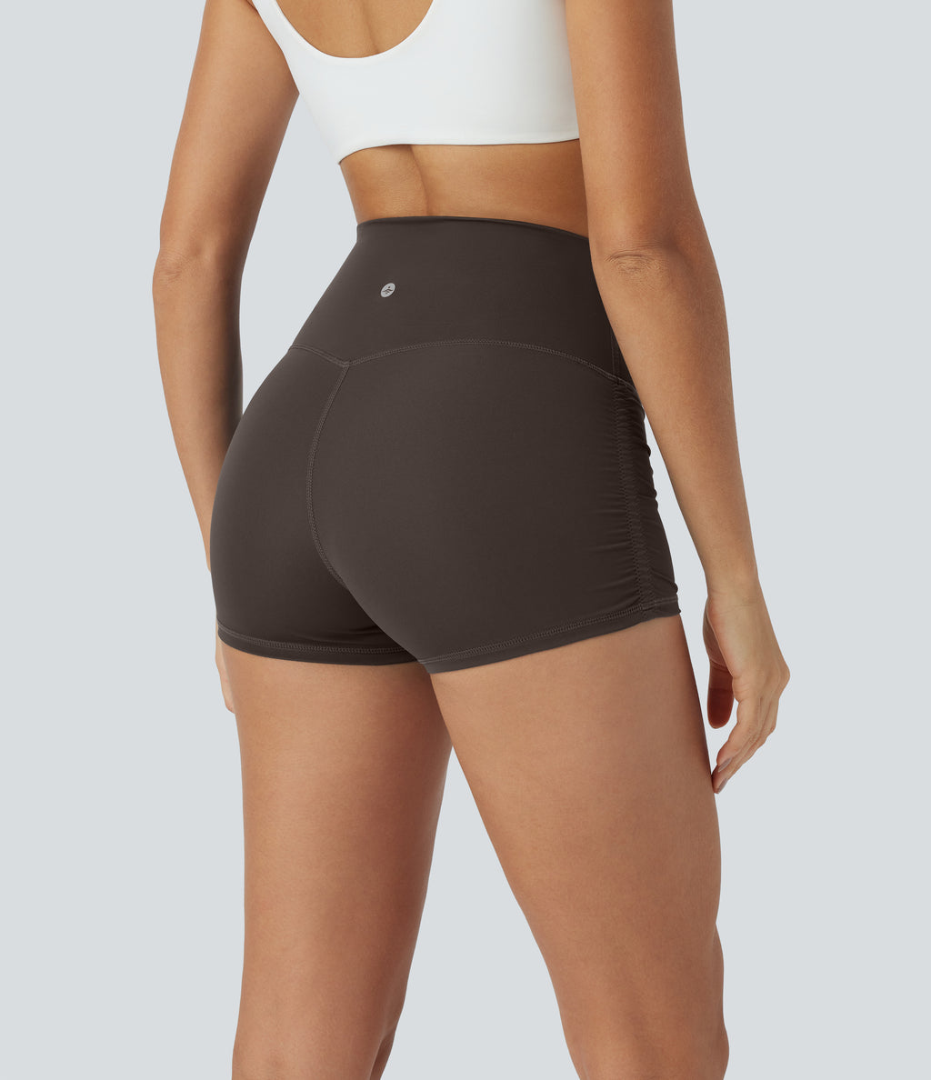 QuickDry High Waisted Tummy Control Ruched Running Biker Shorts 2.5'' — Hot Fudge — view 3