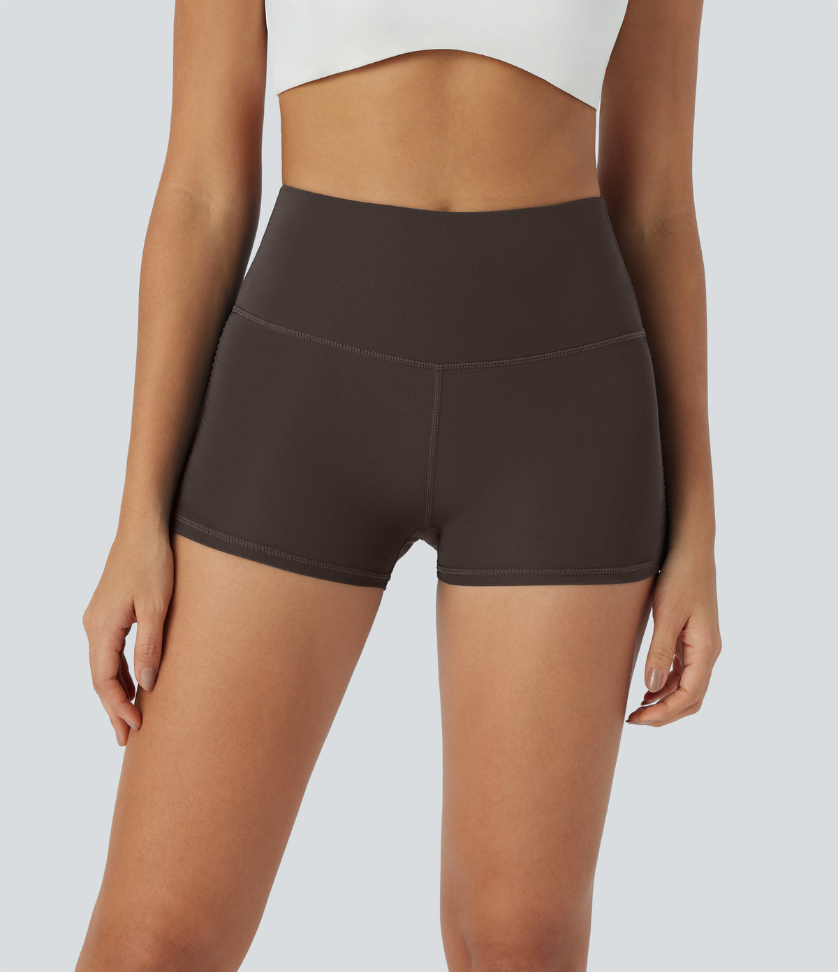 QuickDry High Waisted Tummy Control Ruched Running Biker Shorts 2.5'' — Hot Fudge — view 2