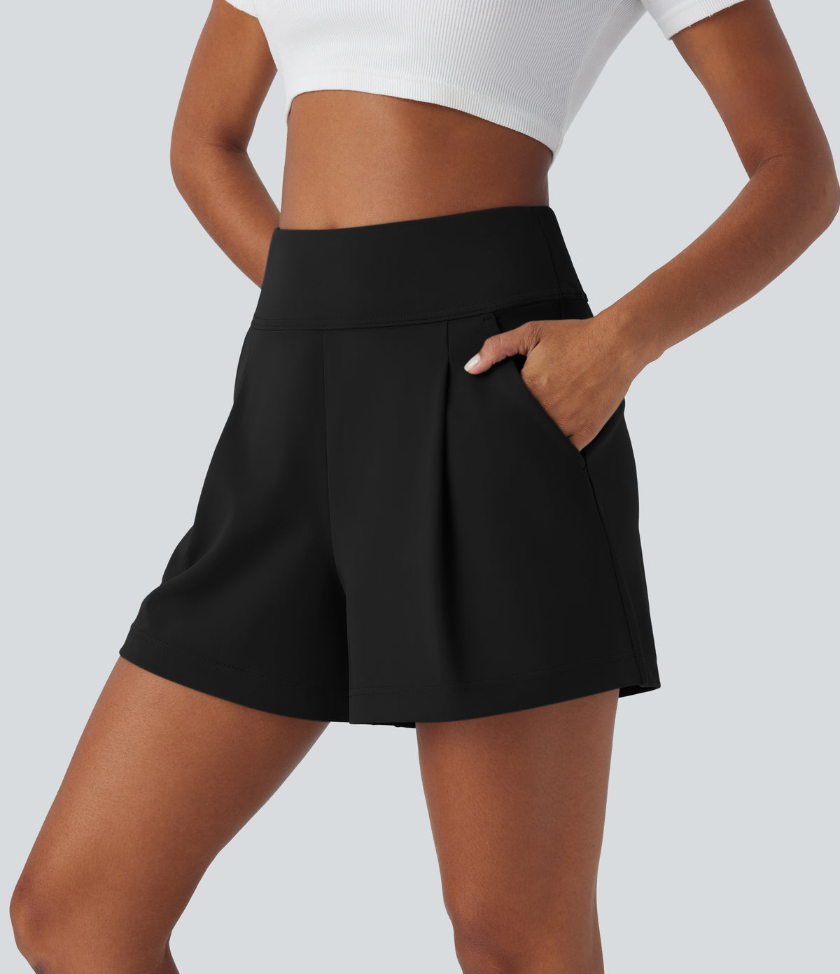 High Waisted Work Baggy Shorts 4'' with Pockets — Black — view 3