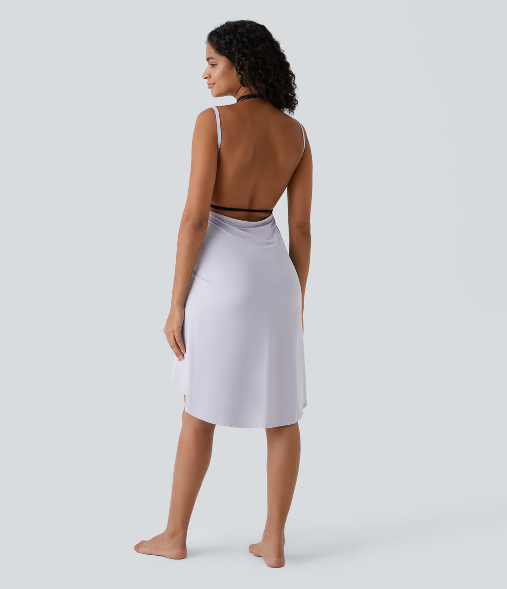 Spaghetti Strap Crossover Backless Cover Up Wrap Resort Dress-UPF50+ — Misty Lilac — view 3