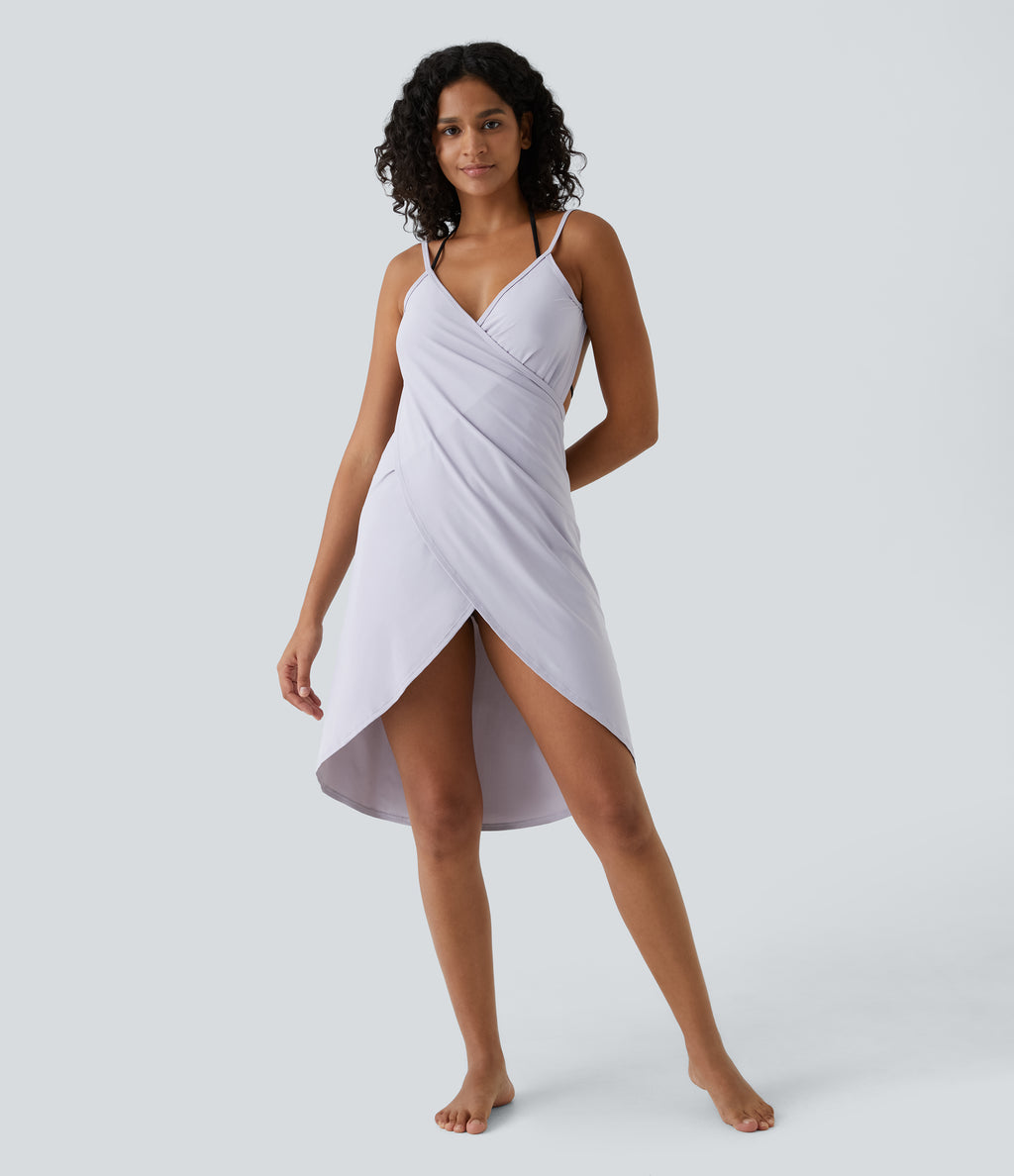 Spaghetti Strap Crossover Backless Cover Up Wrap Resort Dress-UPF50+ — Misty Lilac — view 2