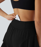 High Waisted Tummy Control Back Pocket 2-in-1 Ruffle Hem Yoga Shorts — Black — view 4
