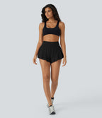 High Waisted Tummy Control Back Pocket 2-in-1 Ruffle Hem Yoga Shorts — Black — view 6