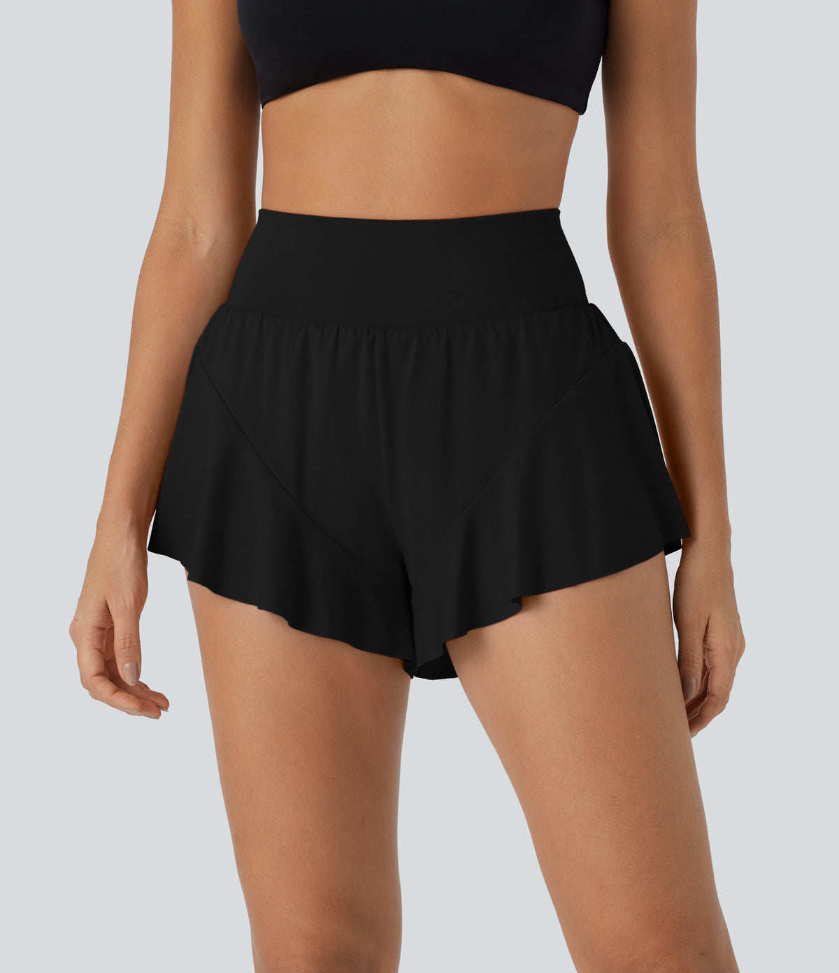 High Waisted Tummy Control Back Pocket 2-in-1 Ruffle Hem Yoga Shorts — Black — view 1