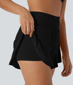 High Waisted Tummy Control Back Pocket 2-in-1 Ruffle Hem Yoga Shorts — Black — view 5