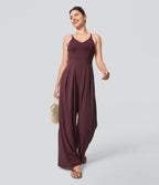 Backless Side Invisible Zipper Pocket Wide Leg Quick Dry Resort Slip Jumpsuit — Amaranth — view 7