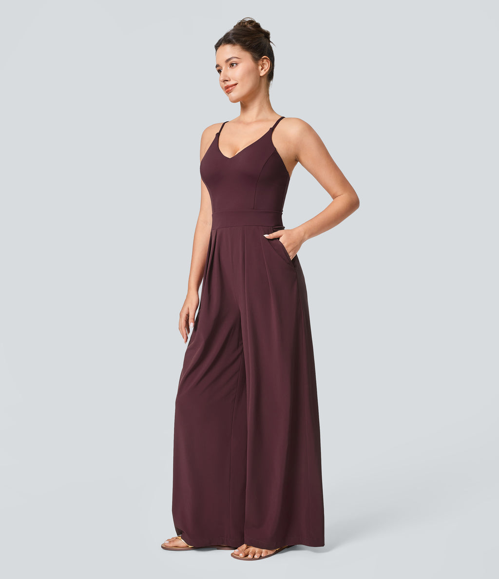 Backless Side Invisible Zipper Pocket Wide Leg Quick Dry Resort Slip Jumpsuit — Amaranth — view 3