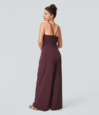 Backless Side Invisible Zipper Pocket Wide Leg Quick Dry Resort Slip Jumpsuit — Amaranth — view 2