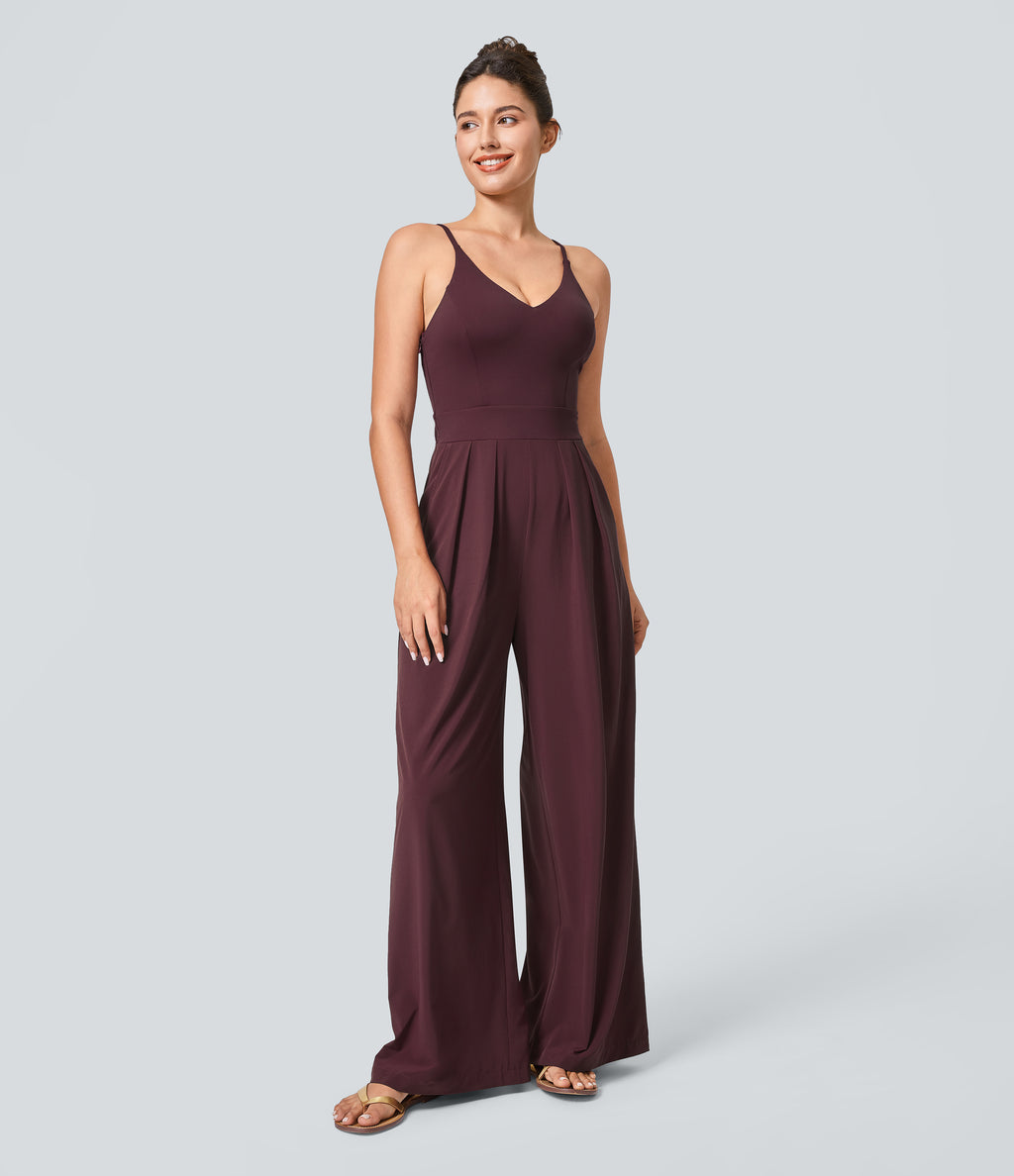 Backless Side Invisible Zipper Pocket Wide Leg Quick Dry Resort Slip Jumpsuit — Amaranth — view 1