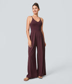 Backless Side Invisible Zipper Pocket Wide Leg Quick Dry Resort Slip Jumpsuit — Amaranth — view 1