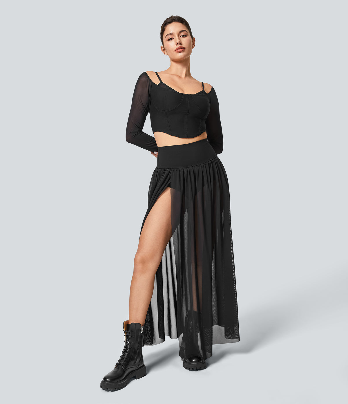 High Waisted 2-in-1 Mesh Flowy Maxi Casual Skirt — Black — view 7