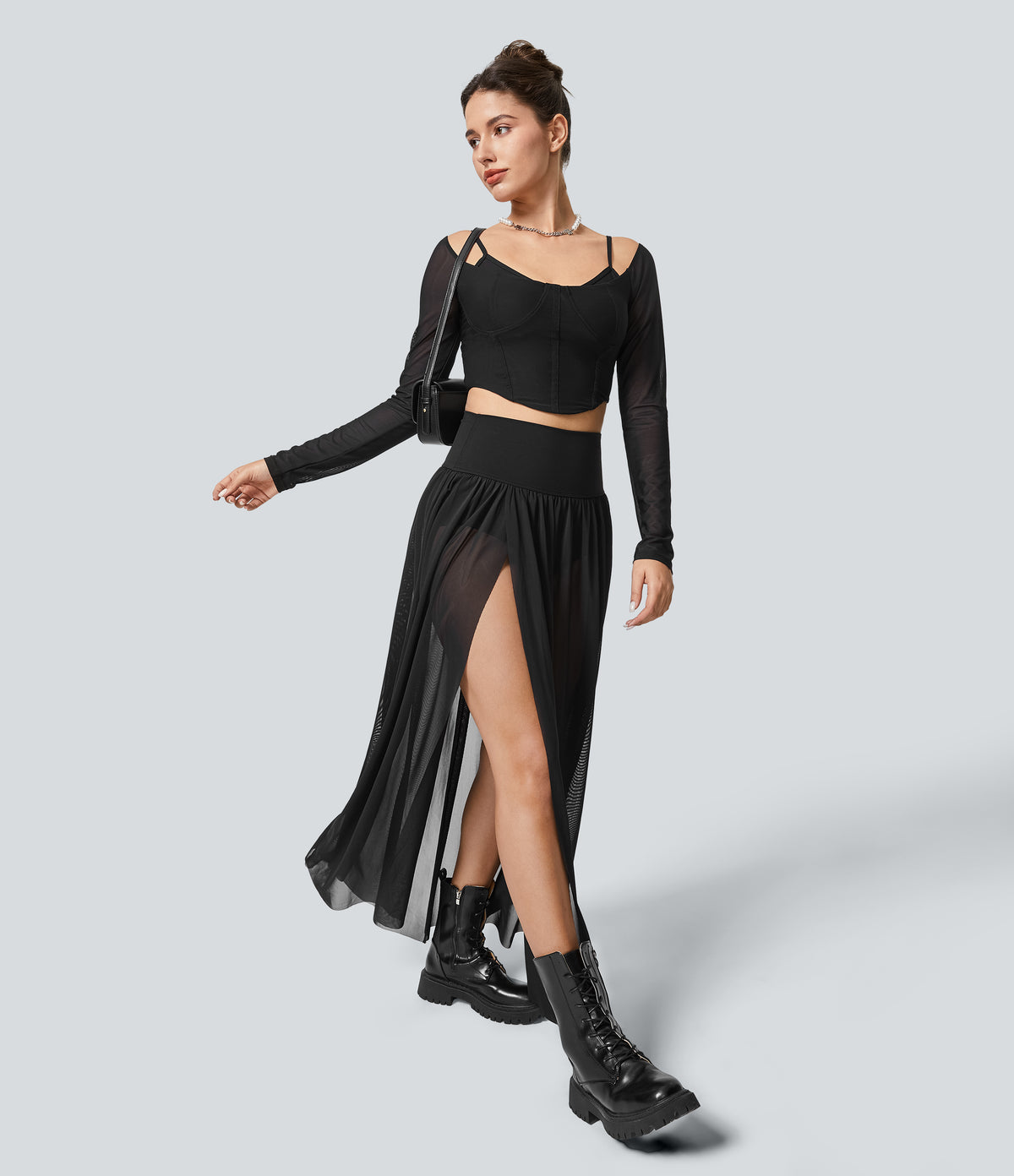 High Waisted 2-in-1 Mesh Flowy Maxi Casual Skirt — Black — view 8