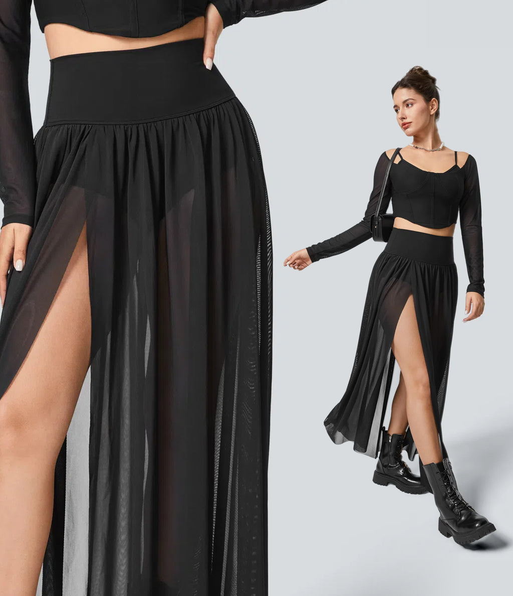 High Waisted 2-in-1 Mesh Flowy Maxi Casual Skirt — Black — view 1