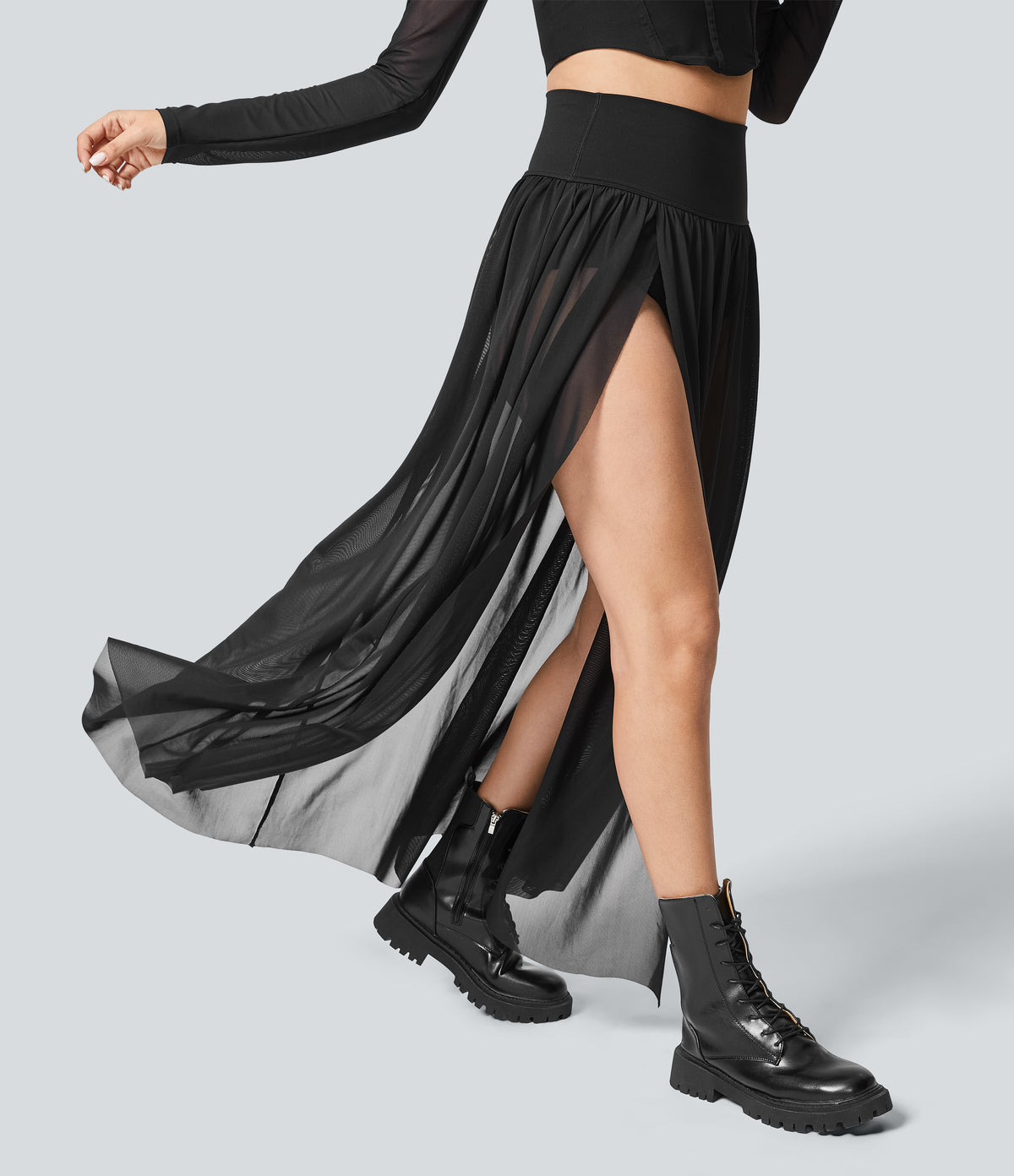 High Waisted 2-in-1 Mesh Flowy Maxi Casual Skirt — Black — view 4