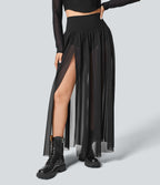 High Waisted 2-in-1 Mesh Flowy Maxi Casual Skirt — Black — view 2