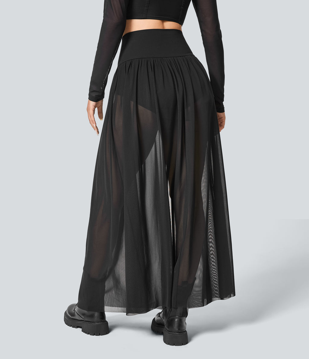 High Waisted 2-in-1 Mesh Flowy Maxi Casual Skirt — Black — view 3
