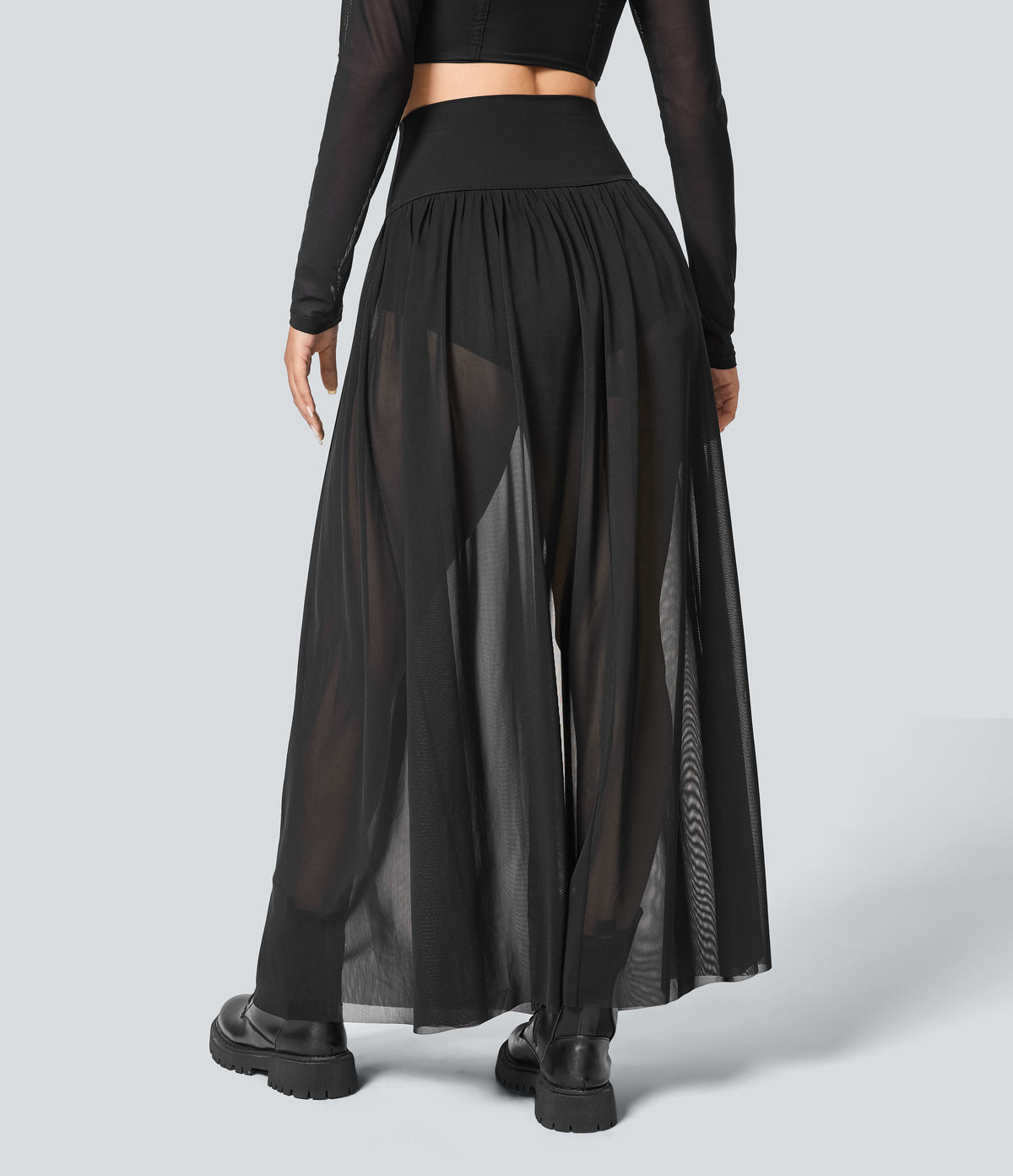 High Waisted 2-in-1 Mesh Flowy Maxi Casual Skirt — Black — view 3