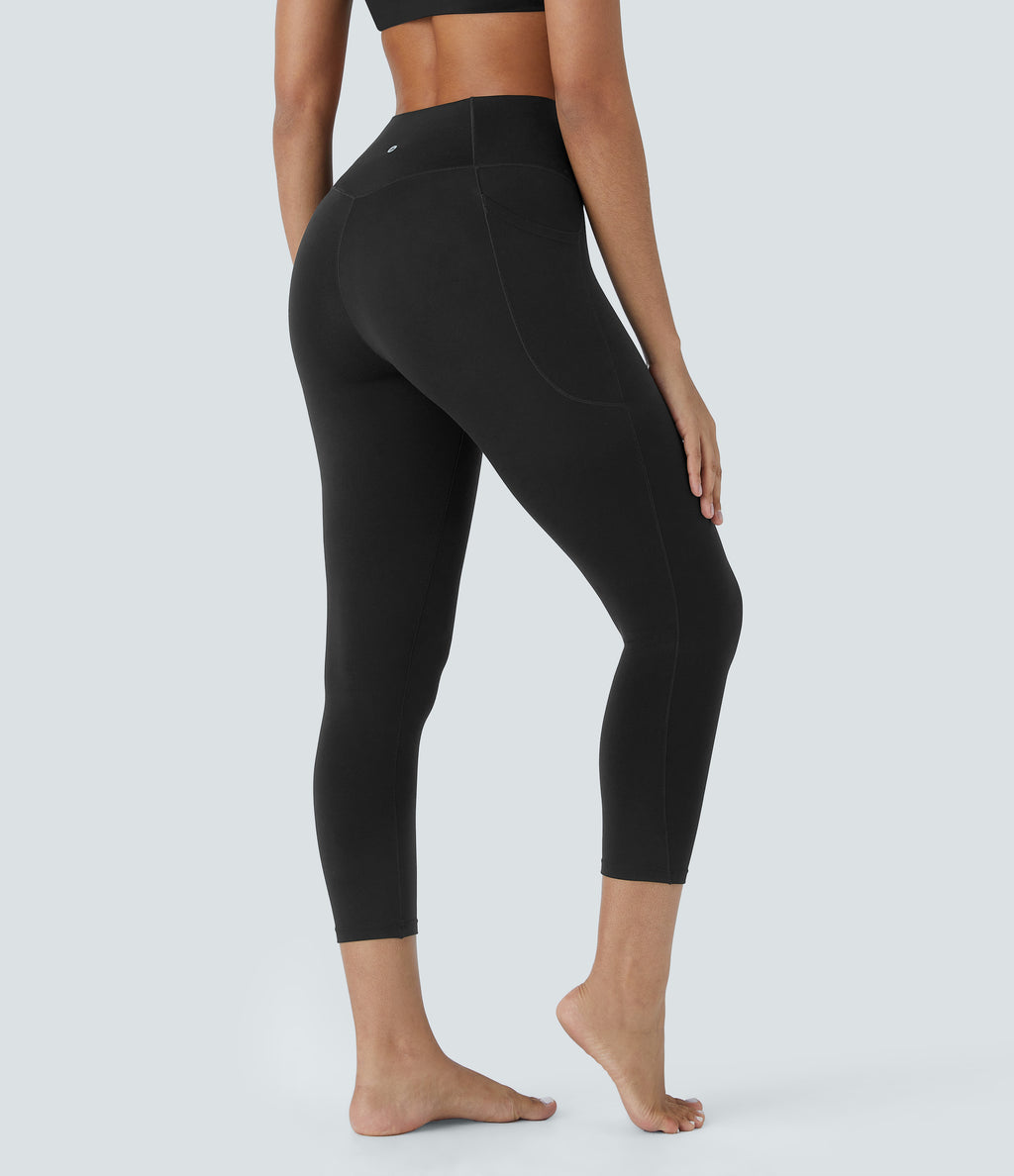 High Waisted Crossover Pocket Capri Yoga Leggings — Black — view 2