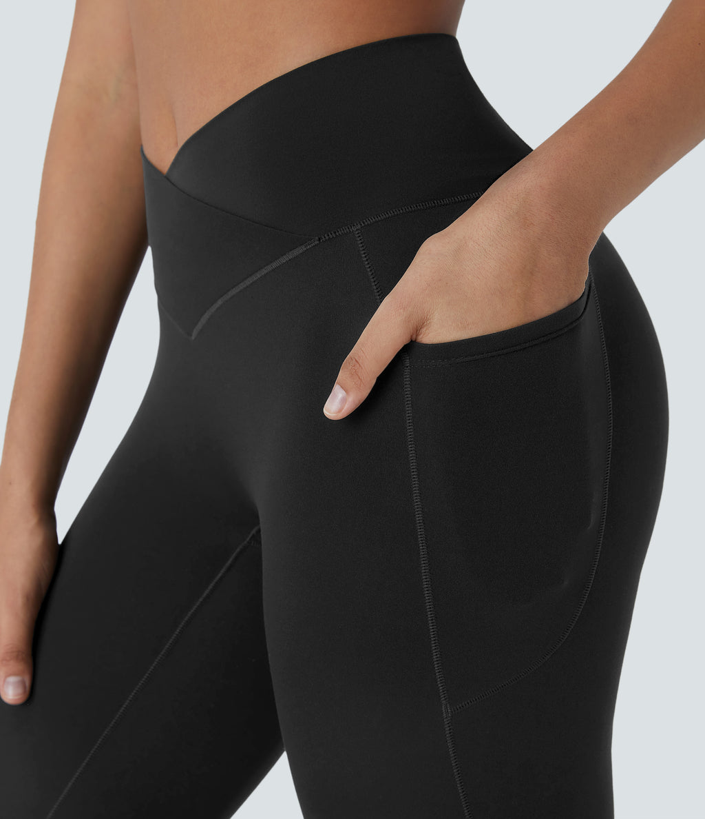 High Waisted Crossover Pocket Capri Yoga Leggings — Black — view 6
