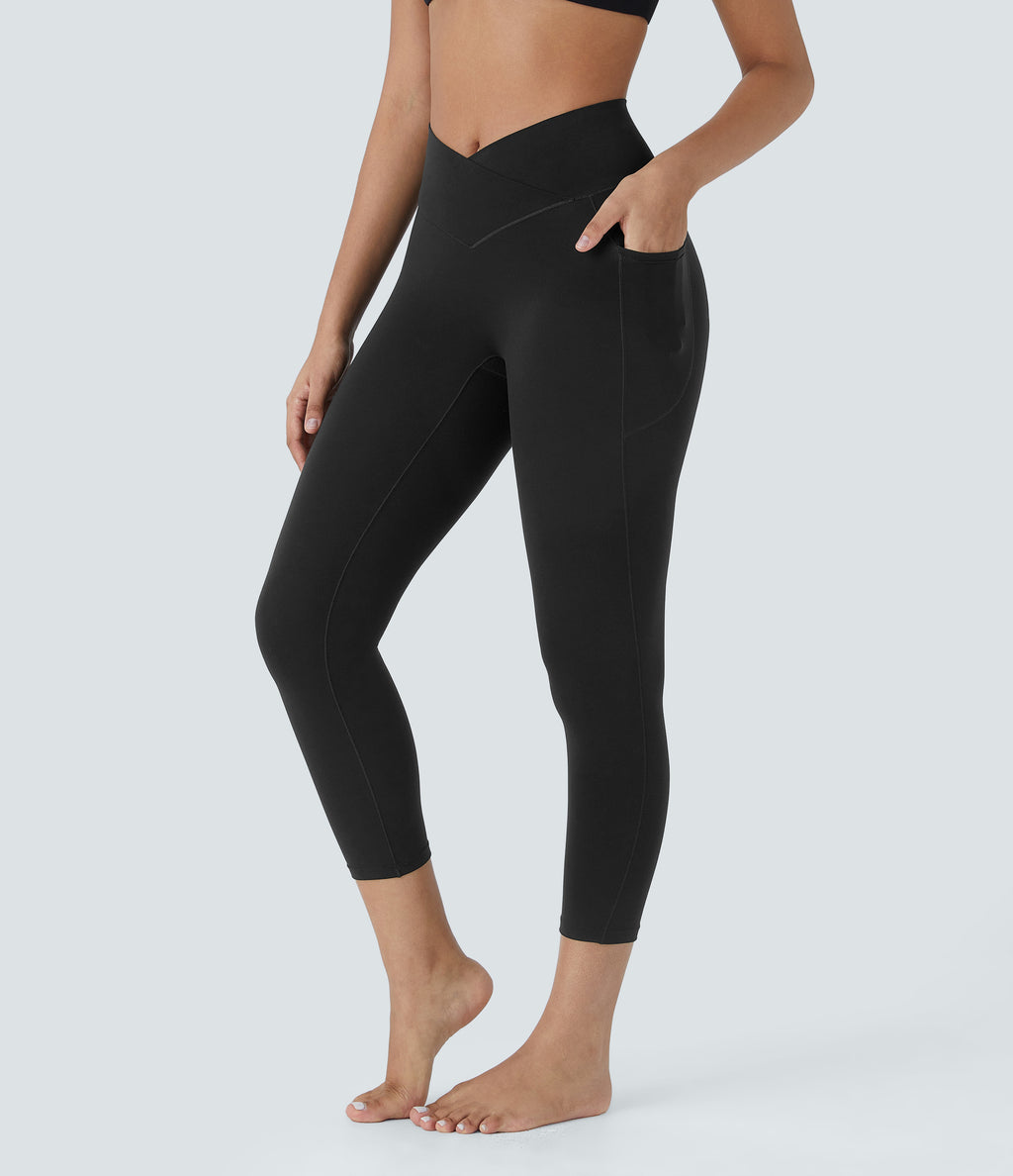 High Waisted Crossover Pocket Capri Yoga Leggings — Black — view 3