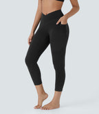 High Waisted Crossover Pocket Capri Yoga Leggings — Black — view 3