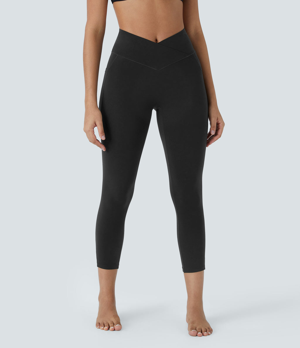 High Waisted Crossover Pocket Capri Yoga Leggings — Black — view 1