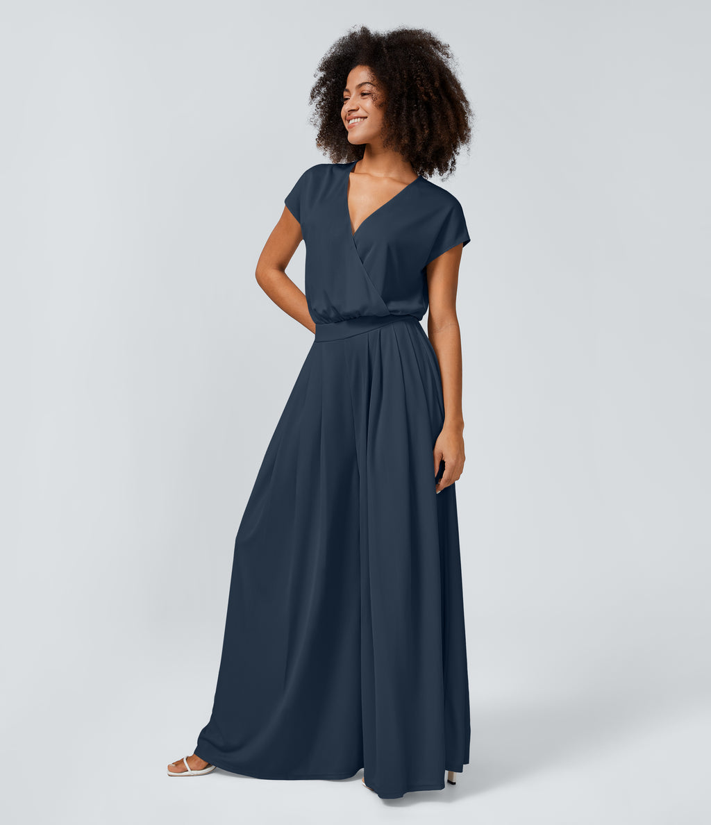 V Neck Short Sleeve Side Pocket Wide Leg Flowy Waffle Casual Jumpsuit — Charm Ink Blue — view 3