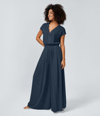 V Neck Short Sleeve Side Pocket Wide Leg Flowy Waffle Casual Jumpsuit — Charm Ink Blue — view 3