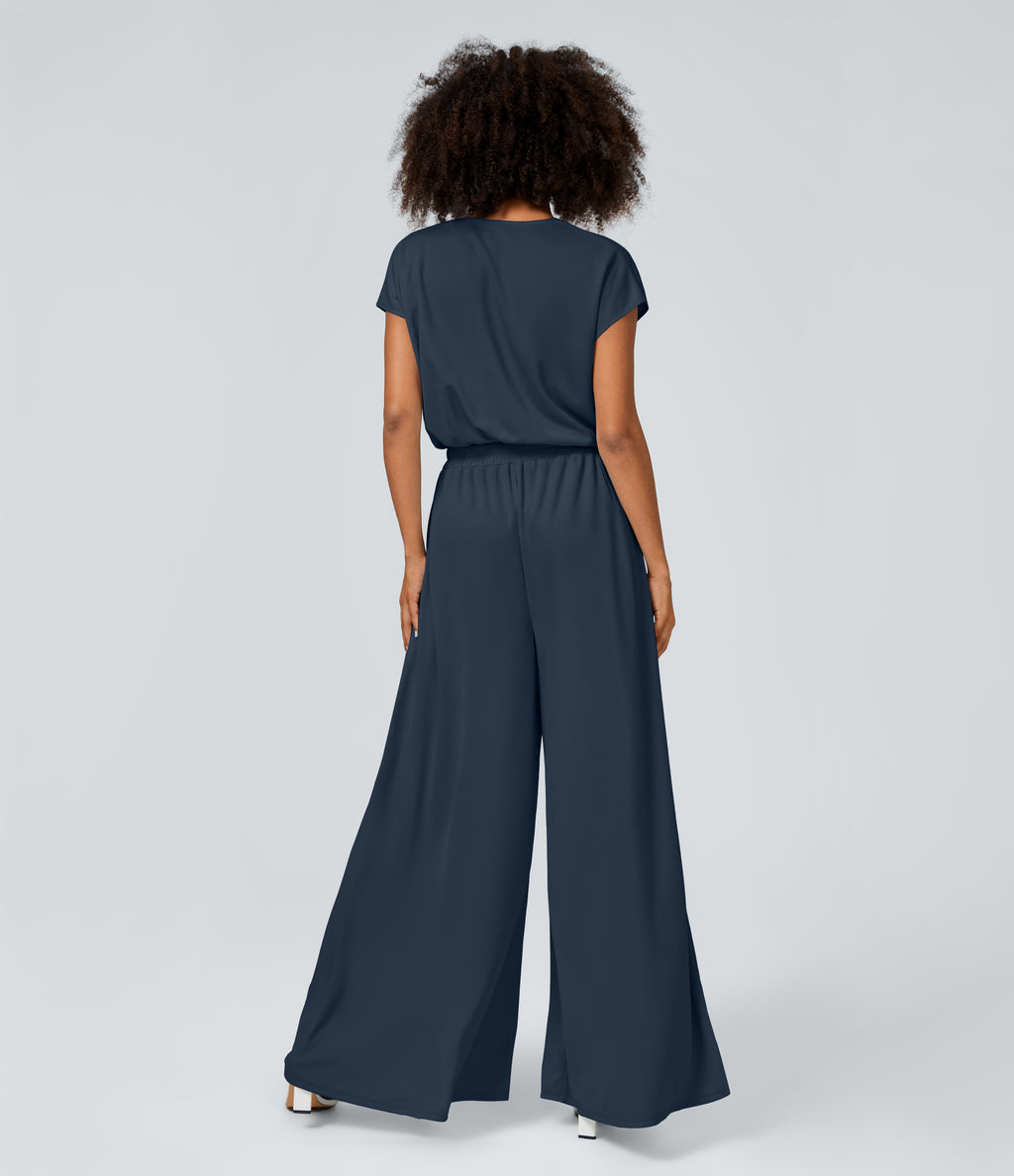 V Neck Short Sleeve Side Pocket Wide Leg Flowy Waffle Casual Jumpsuit — Charm Ink Blue — view 2