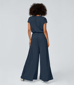 V Neck Short Sleeve Side Pocket Wide Leg Flowy Waffle Casual Jumpsuit — Charm Ink Blue — view 2