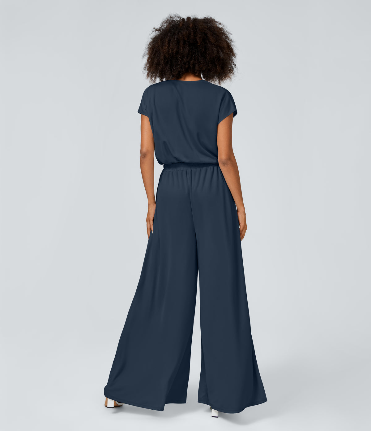 V Neck Short Sleeve Side Pocket Wide Leg Flowy Waffle Casual Jumpsuit — Charm Ink Blue — view 2