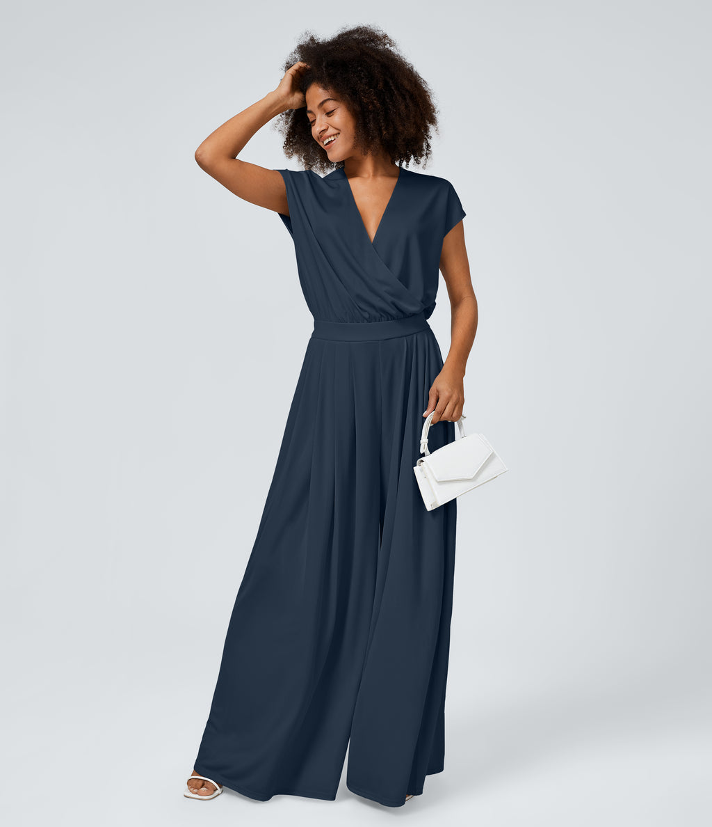 V Neck Short Sleeve Side Pocket Wide Leg Flowy Waffle Casual Jumpsuit — Charm Ink Blue — view 7