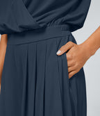 V Neck Short Sleeve Side Pocket Wide Leg Flowy Waffle Casual Jumpsuit — Charm Ink Blue — view 5