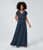 V Neck Short Sleeve Side Pocket Wide Leg Flowy Waffle Casual Jumpsuit — Charm Ink Blue — view 1