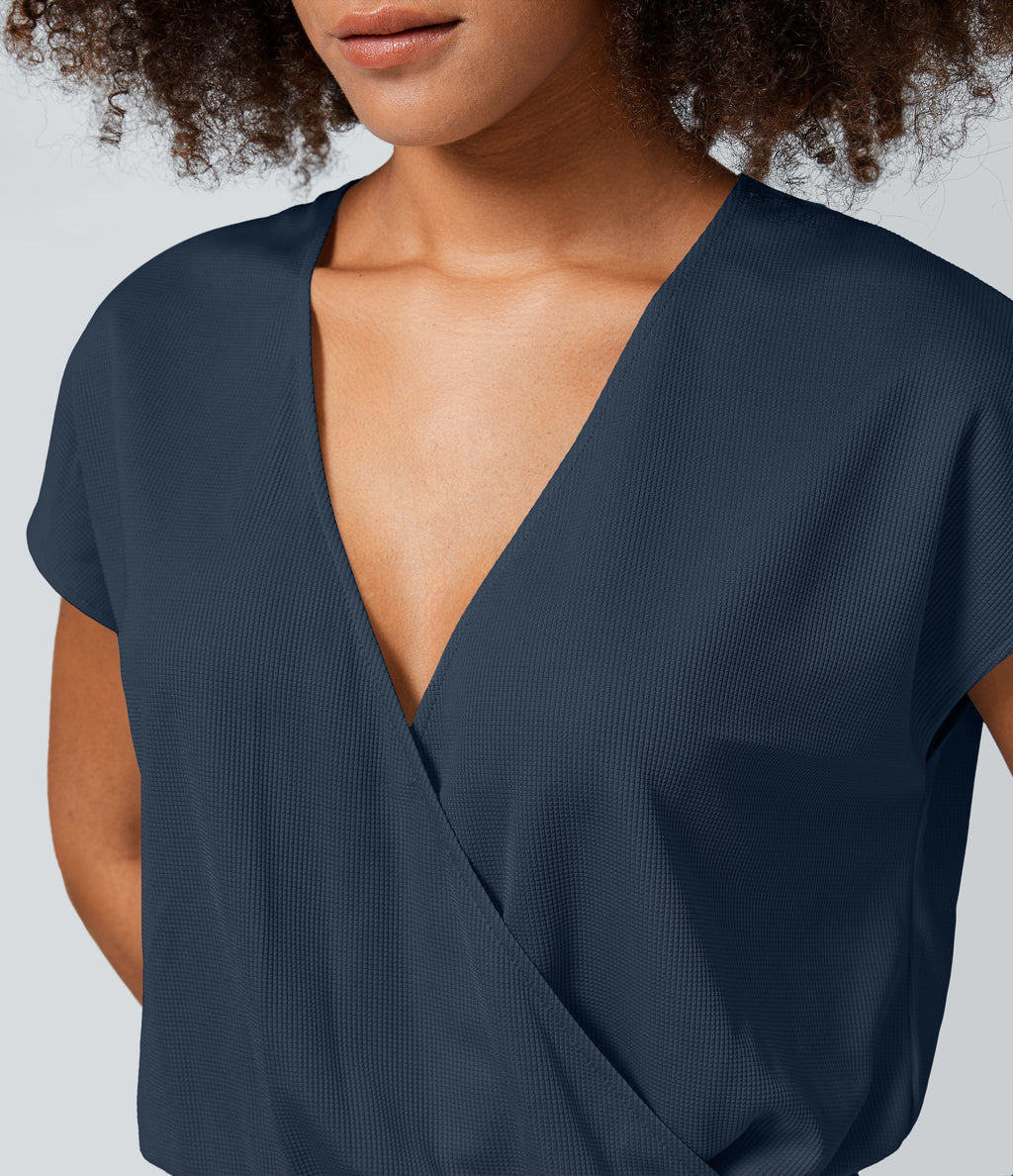 V Neck Short Sleeve Side Pocket Wide Leg Flowy Waffle Casual Jumpsuit — Charm Ink Blue — view 4