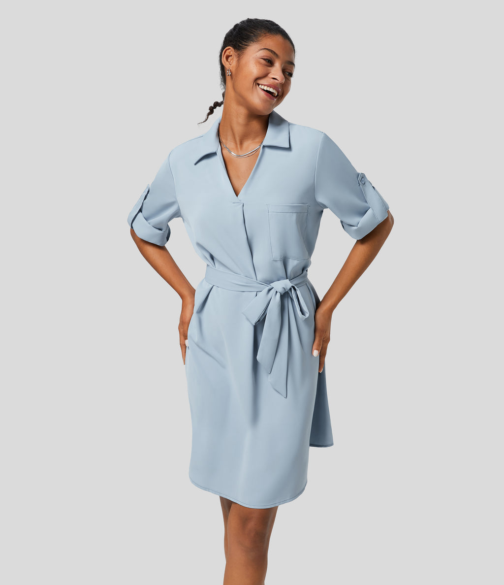 Collared Roll Up Sleeve Belted Relaxed Work Shirt Dress — Misted Blue — view 1