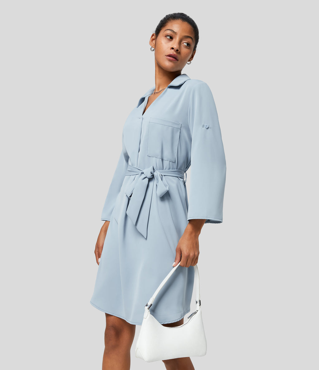 Collared Roll Up Sleeve Belted Relaxed Work Shirt Dress — Misted Blue — view 8