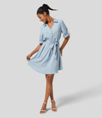 Collared Roll Up Sleeve Belted Relaxed Work Shirt Dress — Misted Blue — view 2