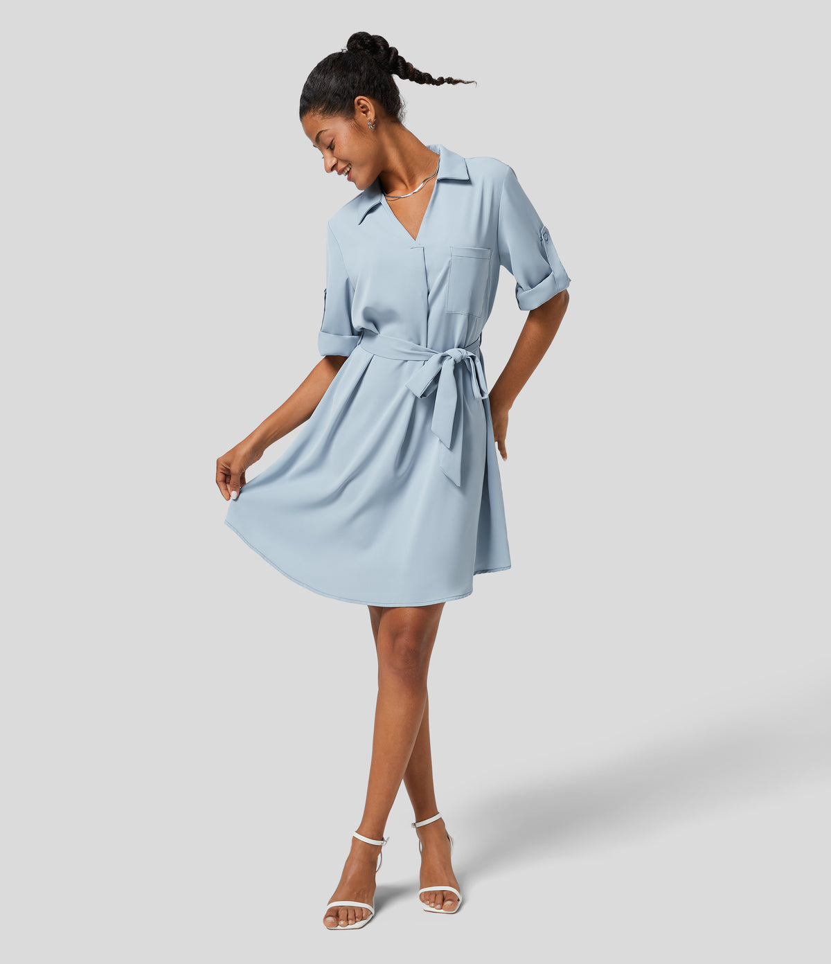 Collared Roll Up Sleeve Belted Relaxed Work Shirt Dress — Misted Blue — view 2